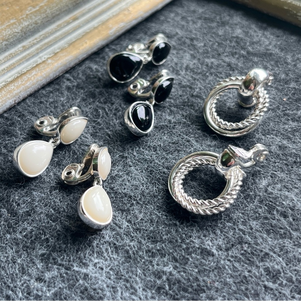 Elegant Silver and Black Earrings Set VINTAGE 80'S HMN CLIP ON EARRINGS- 3 Pairs - Picture 2 of 7